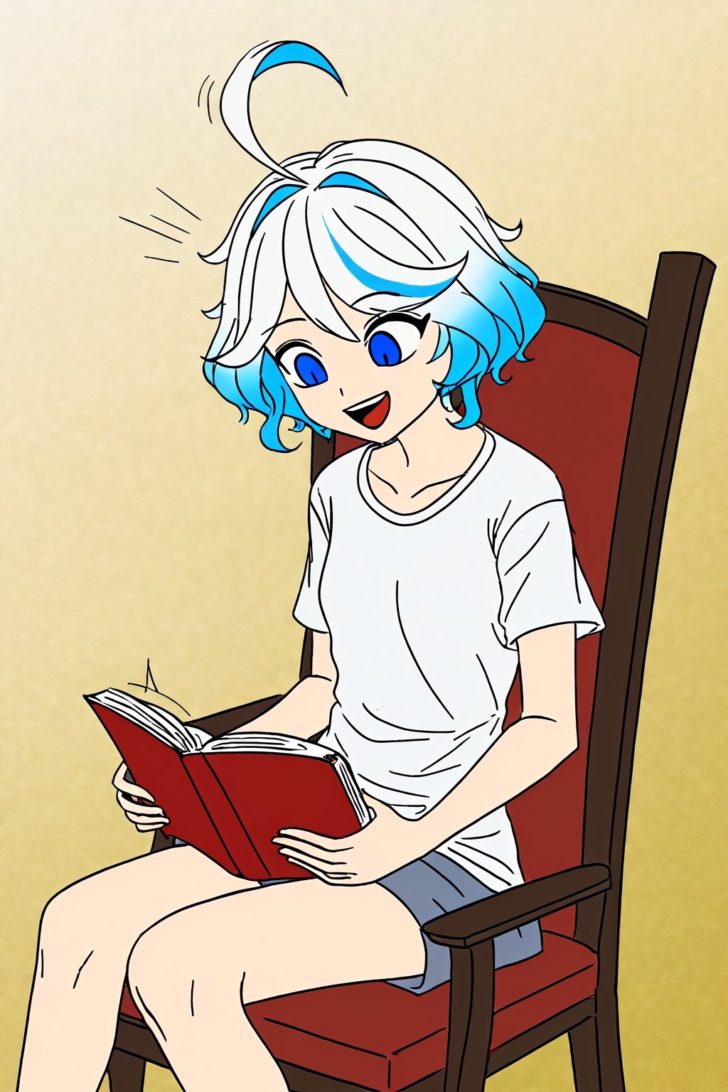 1girl, mdsktch sketch of furina, light blue and white short hair, large eyes, reading a book, sitting on chair, laughing, white t-shirt, cartoon, action_lines, line_art, pencil_art, colourful, flat colours, simple background, gradient