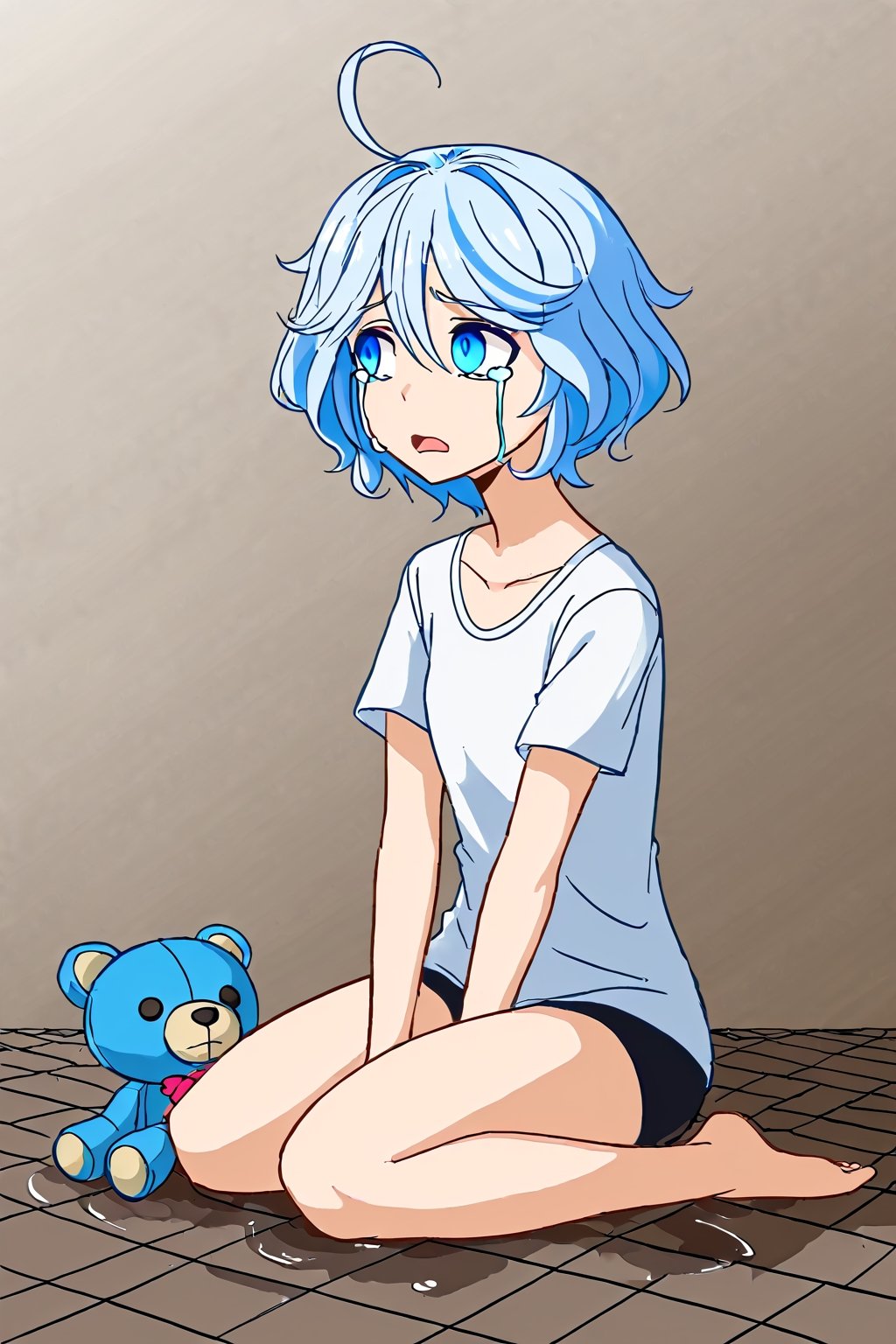 1girl, mdsktch sketch of furinanrml, light blue and white short hair, long neck, large eyes, looking to the side, crying, open mouth, sitting on the floor, white t-shirt, puddle, plushie bear, cartoon, action_lines, line_art, pencil_art, colourful, flat colours, simple background, gradient