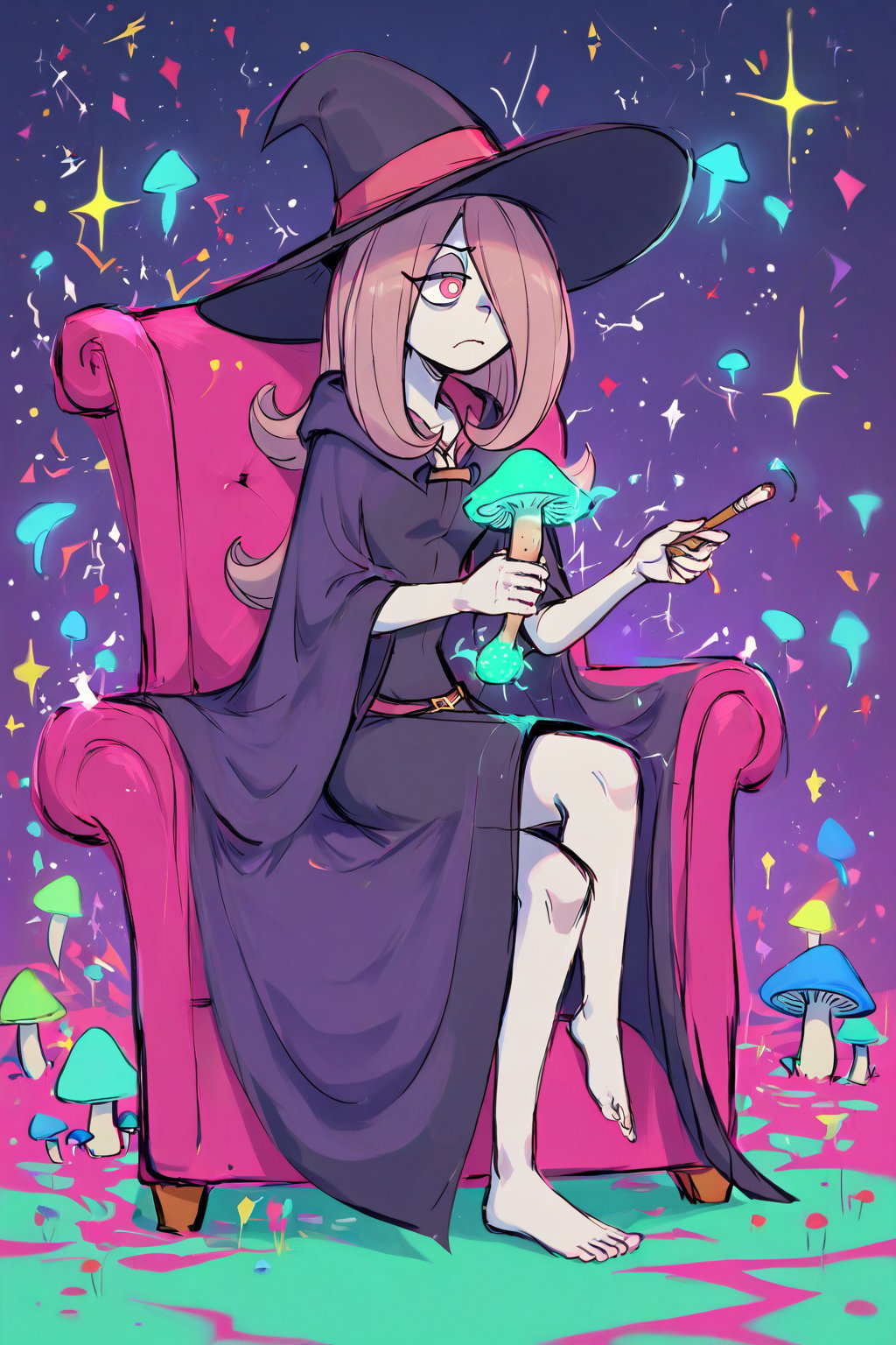 Sucy_Manbavaran, solo, purple cloak, black witch hat, sitting in pink leather armchair, mushrooms on armchair, :(, holding a green mushroom in right hand, pink and blue mushroom field at background, puple sky with stars, (rough_sketch, particles, grains, minimalistic, doodle : 1.2), glitter, rough outlines, colourful, glowing, glowneon, sparks, paint splits