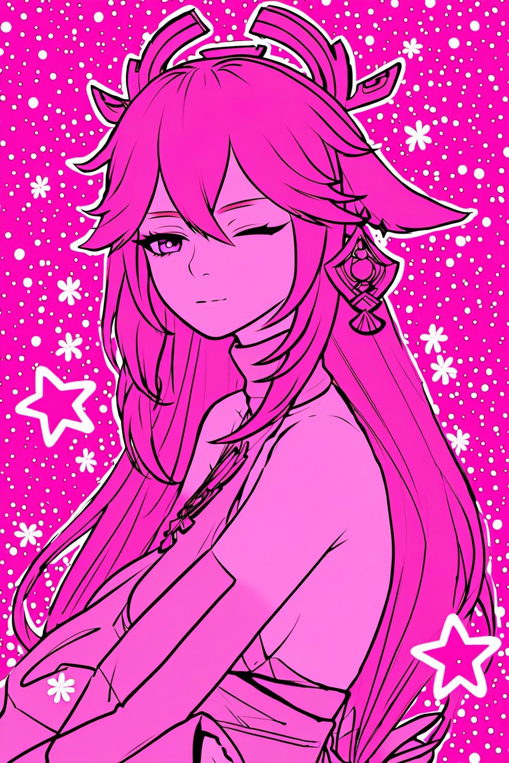 yae miko, one eye closed, half closed eyes, :'), lying on side, pink background, colourful, 2d, rough outlines, sketch, sticker, particles, stars, flowers