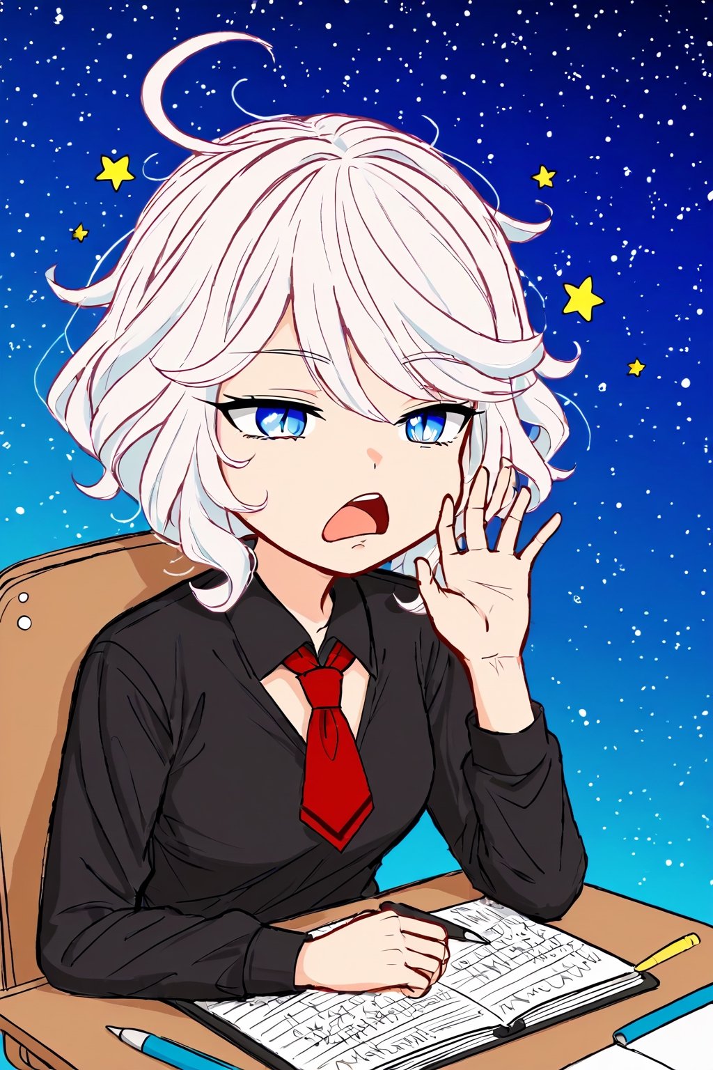 blue background, 1girl, mdsktch sketch of [furinanrml | potato], white hair, small eyes, wide cheeks, bored, yawn, school outfit, red short tie, black shirt, sitting at the table with notebook, writing, (pastel : 1.2), rough outlines, gradient, particles, stars, lineart