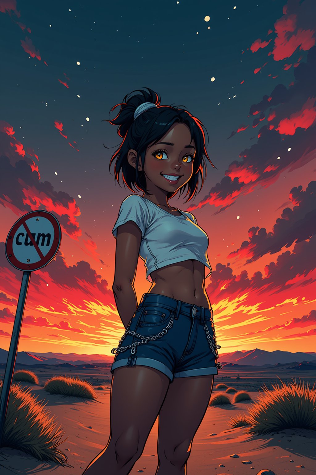 a 25 years old taned girl with black short hair tied in bun and yellow eyes, hands behind head, wearing white top, belly exposed, wearing blue jeans shorts with chain on side, no shoes, view from below, dutch angle, looking to the side, grinning, eyes half opened, girl standing on sand ground, round road sign near girl prohibiting "cum", dawn sky and flat desert at background, twilight, sketchy rough minimalistic art style, flat colours and flat lighting with no smoothing, no gradients, white particles, red-orange-blue color set, white particles and granules