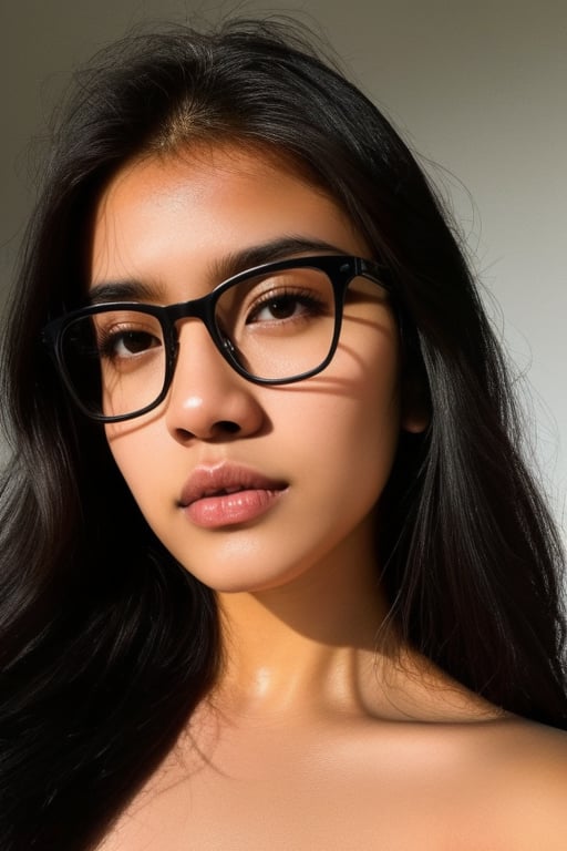 a 20 yo woman name Elianna Chandra, white sweater, glasses, brunette, dark theme, soothing tones, muted colors, high contrast, (natural skin texture, soft light, sharp), close-up Detailedface,meily_miaa