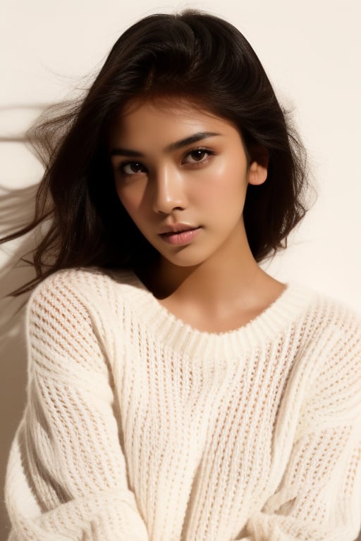 a 20 yo woman name Elianna Chandra, white sweater, brunette, bright theme, soothing tones, muted colors, high contrast, (natural skin texture, soft light, sharp)