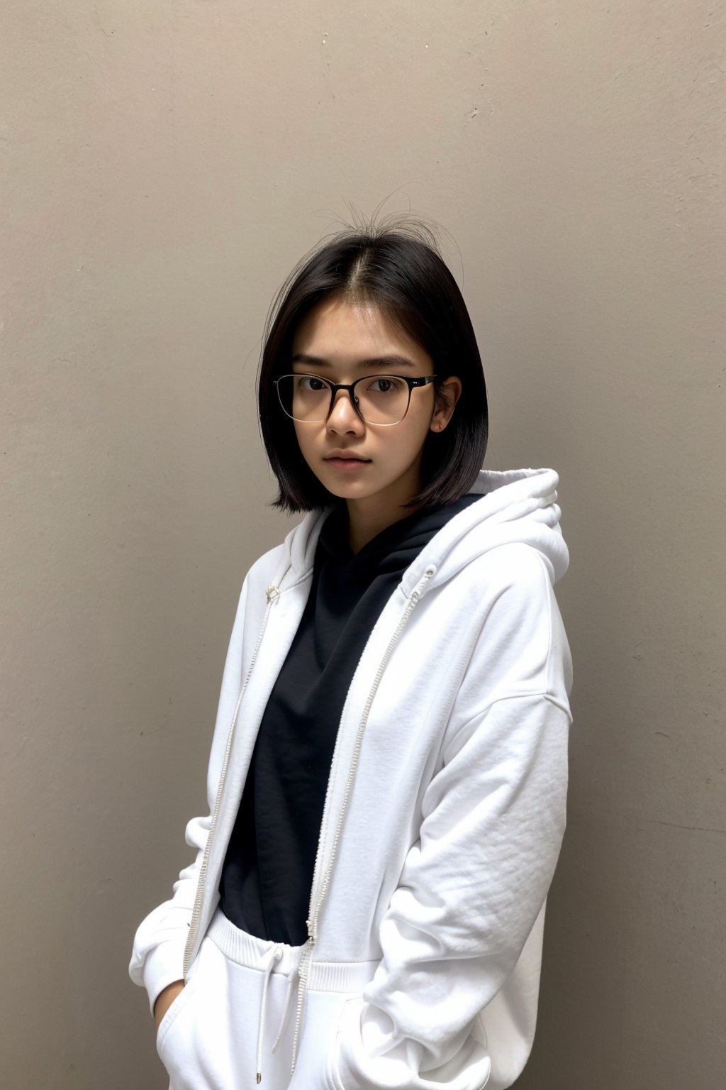 a 20 yo woman, white hoodie, glasses, full body, brunette, Indonesian, cute face, asian, tanned skin, medium short hair, thick glasses frame, square jaw, narrow face, thin lips, natural lip, closed mouth, bright brown eyes, meily_miaa