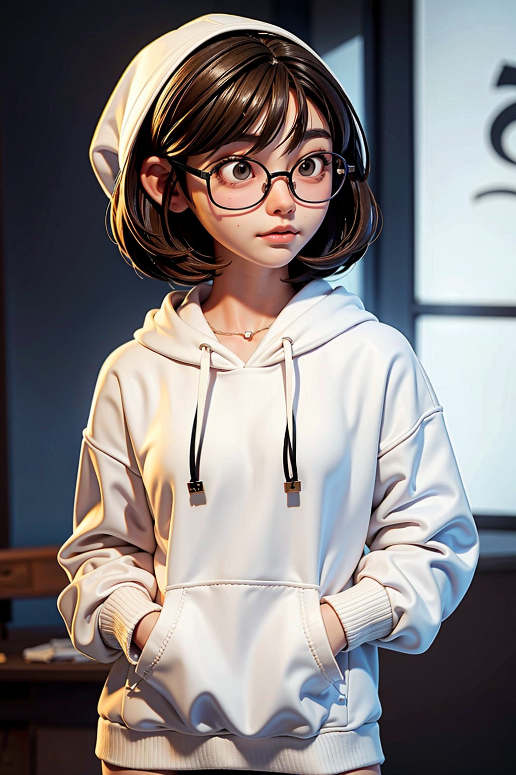 a 20 yo woman, white hoodie, glasses, brunette, Indonesian, cute face, asian, tanned skin, medium short hair, thick glasses frame, square jaw, narrow face, thin lips, natural lip, bright brown eyes