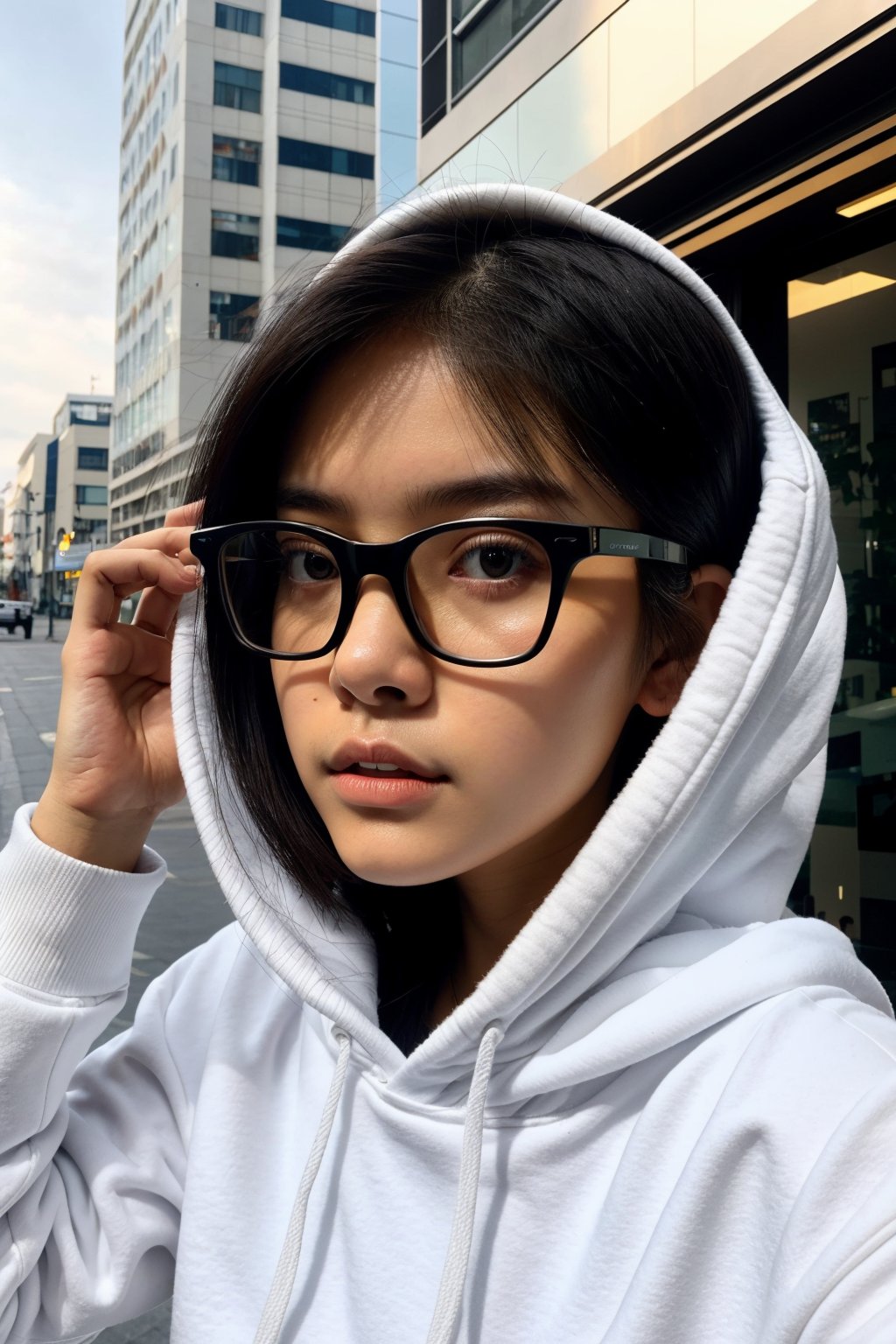 a 20 yo woman, white hoodie, glasses, brunette, Indonesian, cute face, asian, tanned skin, medium short hair, thick glasses frame, square jaw, narrow face, thin lips, natural lip, closed mouth, bright brown eyes, meily_miaa