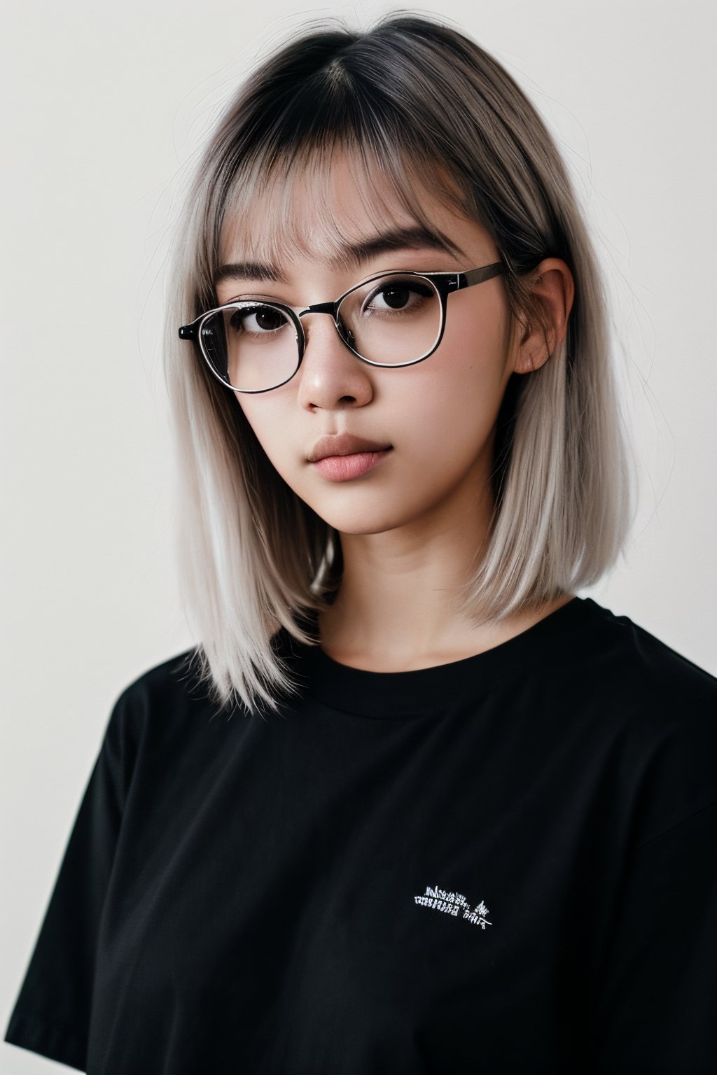 a 20 yo woman, black shirt, glasses, silver white hair, dark theme, soothing tones, high contrast, Indonesian, cute face, asian, pale white skin, medium length hair, thick glasses frame, narrow chin, thin lips, natural lip, bright brown eyes