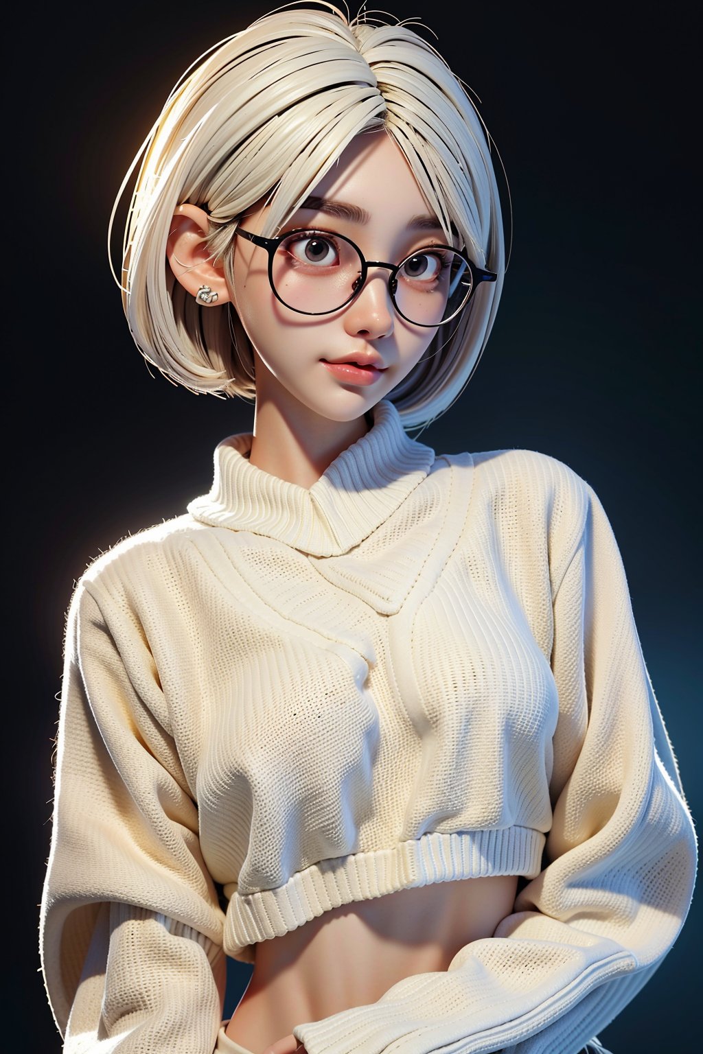 a 20 yo woman name Elianna Chandra, white oversized sweater, glasses, white hair, Indonesian, cute face, asian, tanned skin, medium short hair, thick glasses frame, square jaw, narrow face, thin lips, natural lip, bright brown eyes,ded1,arshadArt,SAM YANG