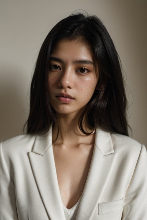 a 20 yo woman name Elianna Chandra, white blazer (module) , glasses, brunette, dark theme, soothing tones, muted colors, high contrast, (natural skin texture, soft light, sharp),Detailedface,Detailedeyes,