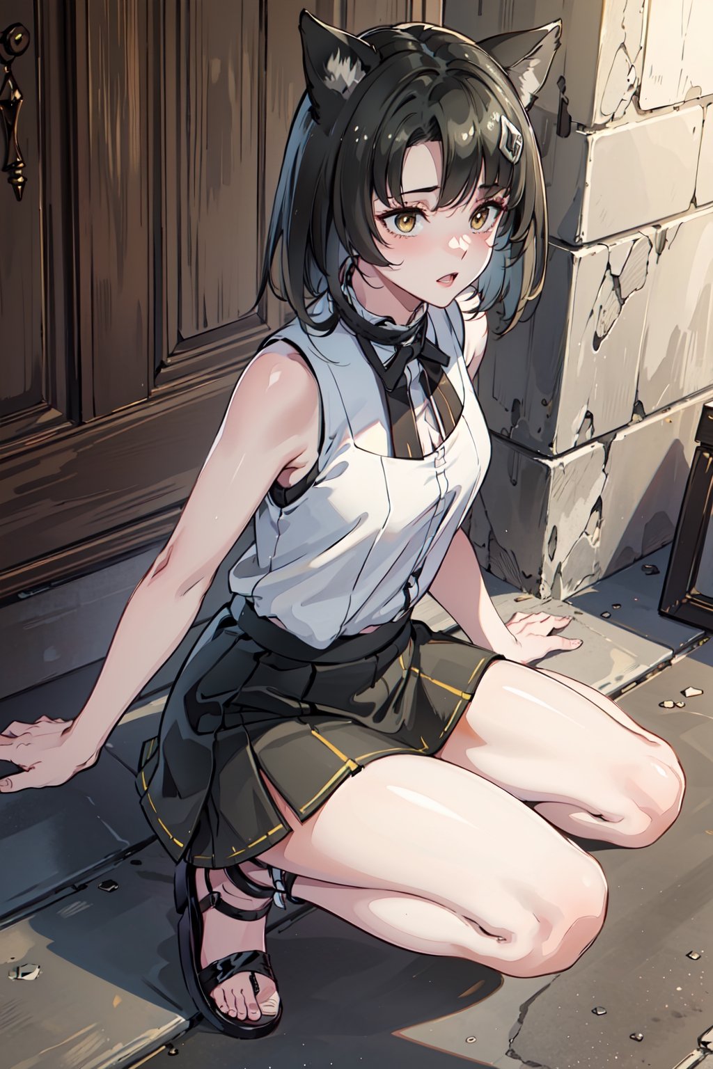 (masterpiece:1.2), best quality, masterpiece, highres, original, extremely detailed wallpaper, perfect lighting,(extremely detailed CG:1.2), mhead, cat ears, (((white blouse, sleeveless, black skirt, sandals))),mandragora