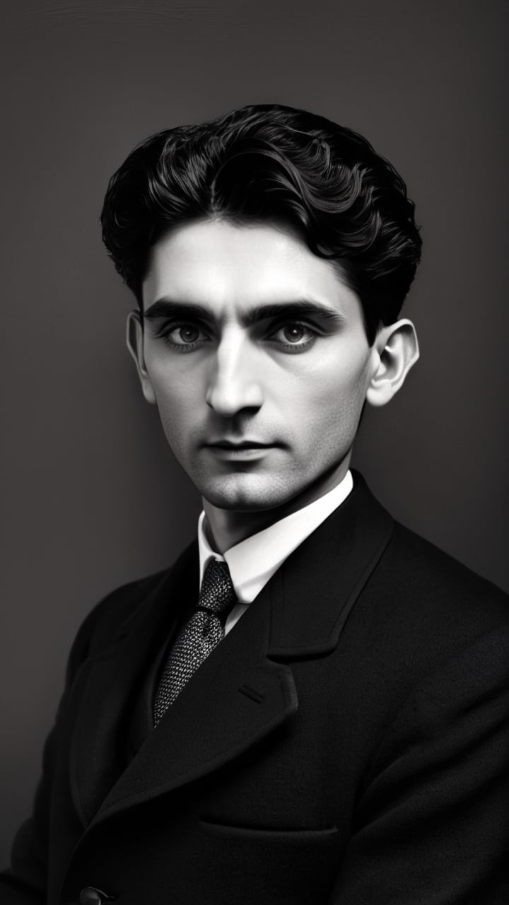 (masterpiece: 1.2),(best quality, ultra detailed, photorealistic: 1.37) high quality, high definition, super detailed, Natural Light, Hyperrealist Photography, High contrast, defined blacks, HDR, volume,(black and white photo: 2) portrait, (black hair: 1.7), (Franz Kafka: 1.9), (((40-year-old man: 2), (writer: 1.9), (large eyes: 2), (clothing: black suit, white shirt, striped tie: 1.9), (studio light: 1.9).