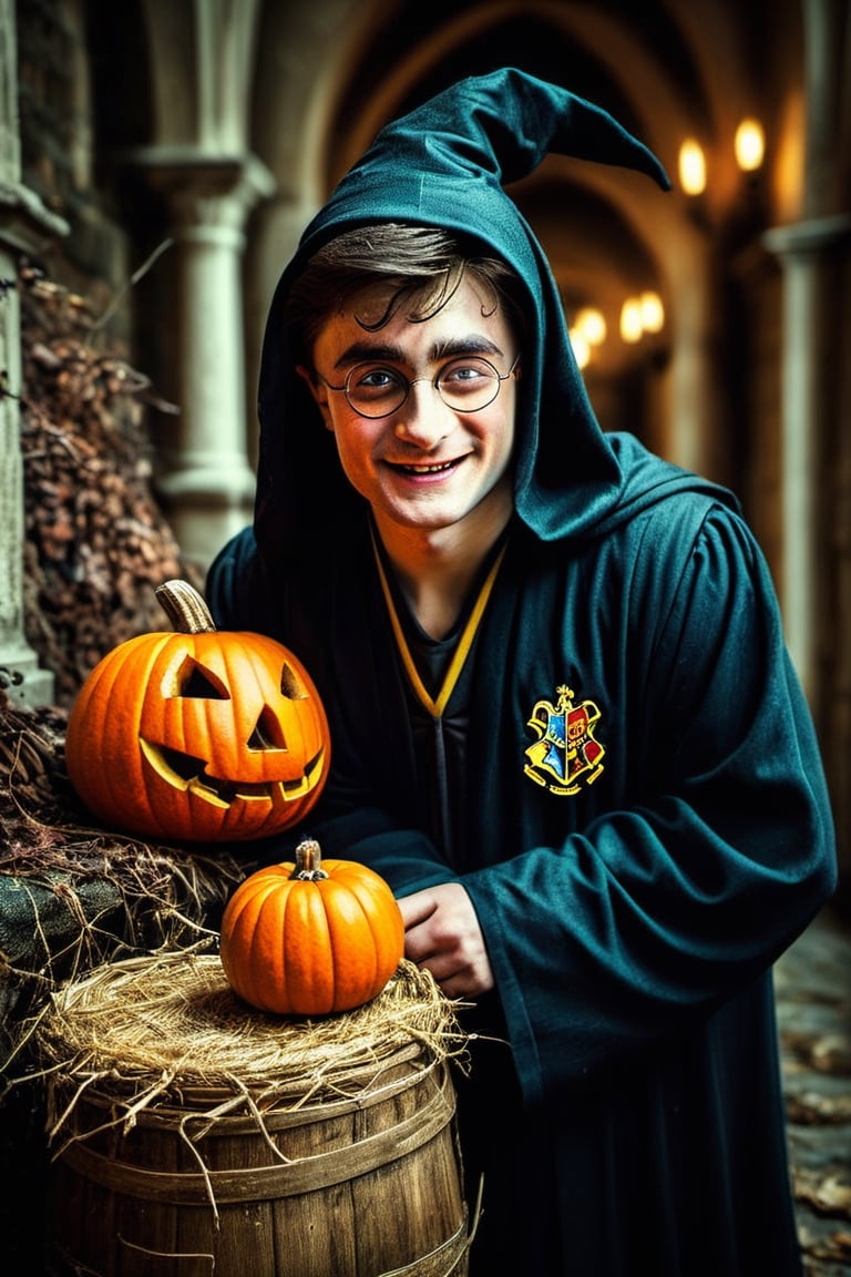 (masterpiece: 1.2), (Halloween atmosphere: 1.5)), (best quality, ultra detailed, photorealistic: 1.5), [[Harry Potter scary ((Harry Potter halloween outfit: 1.9)), castle medieval background 1.9]] masterpiece, high quality, high definition, super detailed, captured with Hasselblad X1D II 50c Hasselblad XCD 200-600mm F/5.6-6.3 OSS, (Natural Light, Hyperrealist Photography, High contrast, defined blacks, volume, silk, HDR,IMGFIX,3d style,PECaricature,aw0k dalle