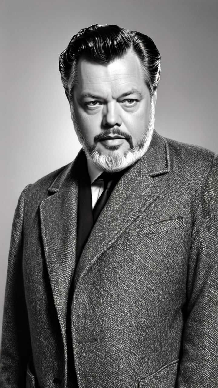 (masterpiece: 1.2),(best quality, ultra detailed, photorealistic: 1.37) high quality, high definition, super detailed, Natural Light, Hyperrealist Photography, High contrast, defined blacks, HDR, volume, (black and white photo: 2) portrait, (black hair: 1.7), (Orson Welles: 1.9), (((70-year-old man: 2), (grizzled beard: 1.9), (round face: 2), (clothes: gray suit, striped shirt, black tie, white handkerchief in pocket: 1.9), (studio light: 1.9)


Man with face of Orson Welles, 30 years old.


Man with face of Franz Kafka, 40 years old.
