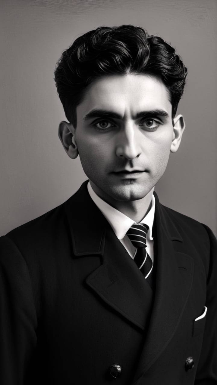 (masterpiece: 1.2),(best quality, ultra detailed, photorealistic: 1.37) high quality, high definition, super detailed, Natural Light, Hyperrealist Photography, High contrast, defined blacks, HDR, volume,(black and white photo: 2) portrait, (black hair: 1.7), (Franz Kafka: 1.9), (((40-year-old man: 2), (writer: 1.9), (large eyes: 2), (clothing: black suit, white shirt, striped tie: 1.9), (studio light: 1.9).