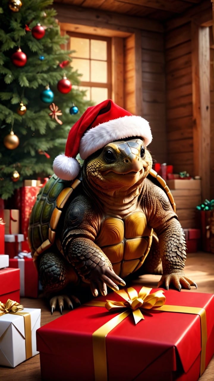 ((masterpiece: 1.2),(best quality, ultra detailed, photorealistic: 1.37) high quality, high definition, super detailed, unreal engine, Ultra realistic illustration, cinematic lighting, hyper-realistic photography captured with the best camera, HDR, silk, volume, a land tortoise is seen emerging from a gift package left by Santa Claus under a Christmas tree in a cabin. Pay special attention to the details of the torture.