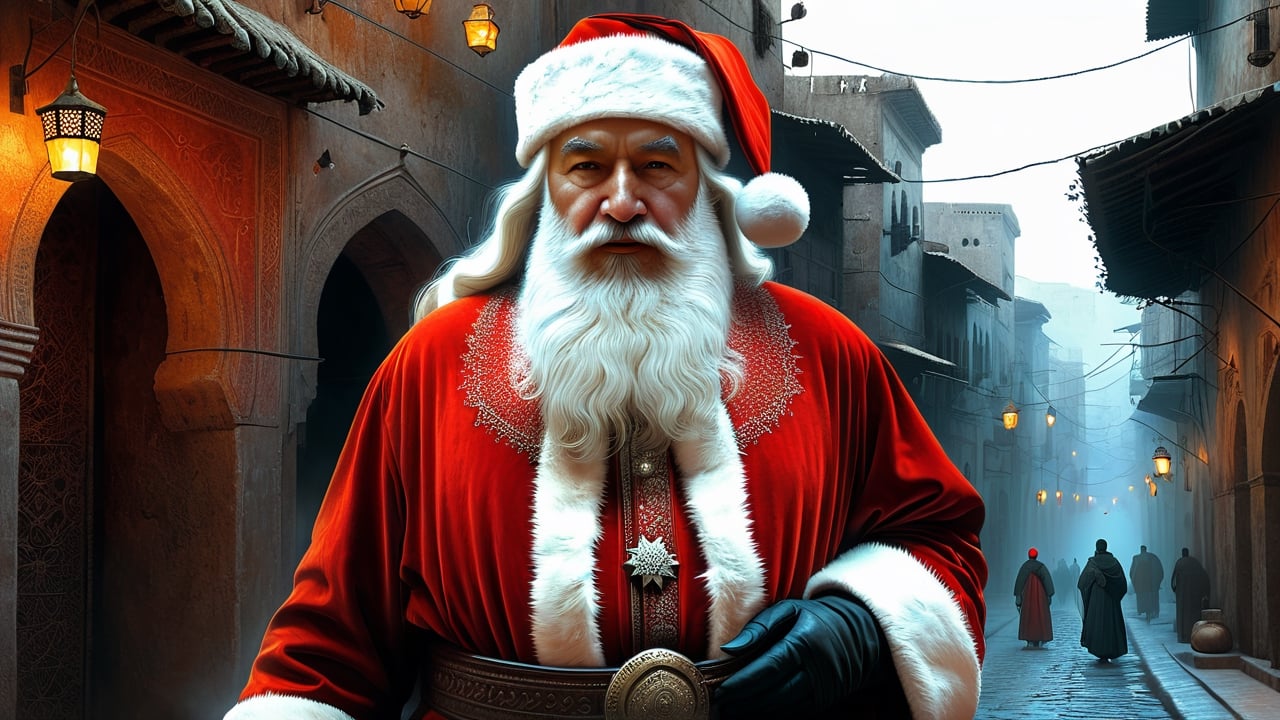 Zdzislaw Beksinski style, Santa Claus in traditional western dress in Fez Medina, hyper realistic, ambient lighting, concept art, intricate, hyper detailed, smooth, dynamic volumetric lighting, octane, cinematic,more detail XL