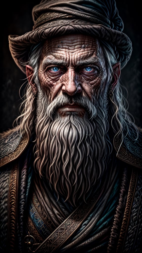 A portrait of a wizard, bearded, wrinkled, weathered, with piercing eyes, detailed face, high details, photography, dark studio, rim light, Nikon D850, 50mm, f/1.4, masterpiece, high quality, high definition, 8K, super detailed