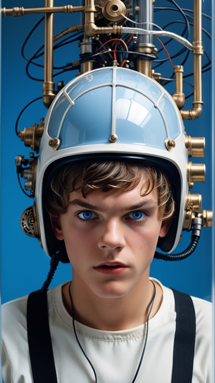 (masterpiece: 1.2),(best quality, ultra detailed, photorealistic: 1.37) high quality, high definition, super detailed, Natural Light, Hyperrealist Photography, High contrast, defined blacks, HDR, volume, Clockwork Orange" movie style, medium frontal shot, Alex, 15-year-old male, shaved hair, (((scared: 1.9))), (((terrified face: 2))), (((helmet connected with wires and narrow pipes to a machine :2))), (((sitting in a dentist's chair: 1. 5))), white shirt, (((Malcolm McDowell's 15-year-old face, wild eyes: 1. 9)))), face illuminated by the ((reflection of a blue screen: 1.8)),  (((lab 60s: 1.7)))), (((eyelids clamped open: 1.6)))), body and arms tied with metal straps to the chair.