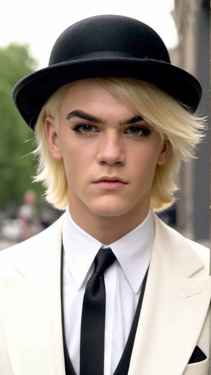 (masterpiece: 1.2),(best quality, ultra detailed, photorealistic: 1.37) high quality, high definition, super detailed, Natural Light, Hyperrealist Photography, High contrast, defined blacks, HDR, volume, movie style "A Clockwork Orange", Alex, 15 year old male, straight blond hair, (((false eyelashes right eye: 1.9))), ((bob cut: 1.8)), (((black bowler hat:2))), black cane with round, golden grip, white pants with suspenders, white shirt, (((Malcolm McDowell's face at 15 years old: 1. 9)))), white suit, one eye made up, anti-hero, is addicted to two things: (((violence and classical music: 1.7))), (((bold and sadistic: 1.6))), roams the city with his violent gang.