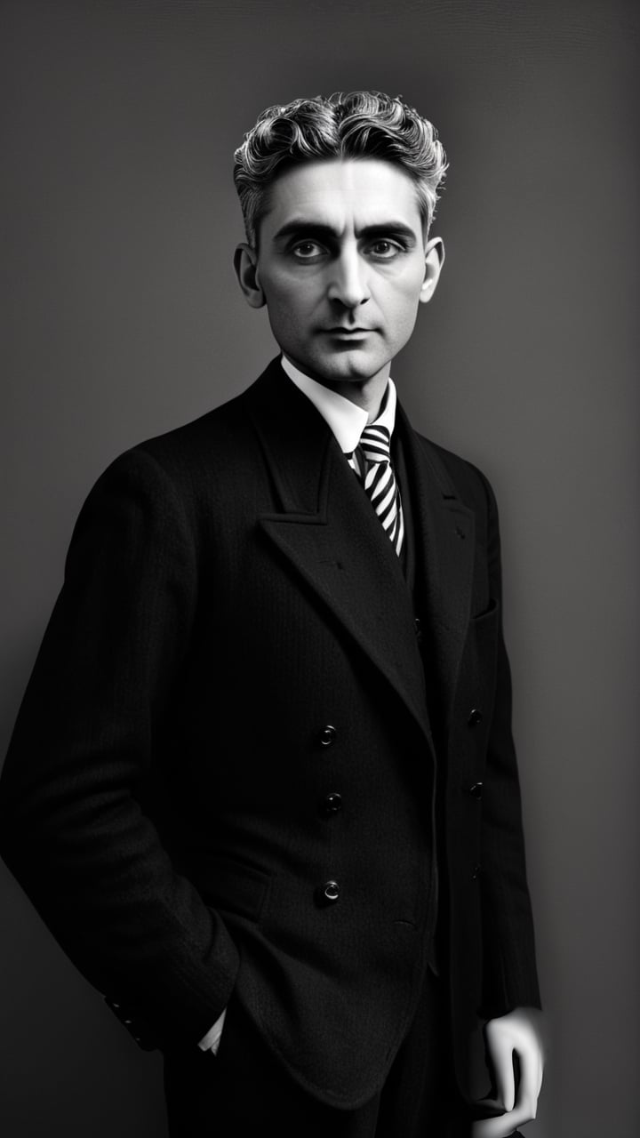 (masterpiece: 1.2),(best quality, ultra detailed, photorealistic: 1.37) high quality, high definition, super detailed, Natural Light, Hyperrealist Photography, High contrast, defined blacks, HDR, volume, (black and white photo: 2) portrait, (gray hair: 1.7), (Franz Kafka: 1.9), (((40 year old man: 2), (writer: 1.9), (big eyes: 2), (clothing: black suit, white shirt, striped tie: 1.9), (studio light: 1.9)
,jorg karg