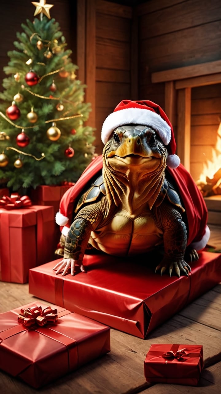 ((masterpiece: 1.2),(best quality, ultra detailed, photorealistic: 1.37) high quality, high definition, super detailed, unreal engine, Ultra realistic illustration, cinematic lighting, hyper-realistic photography captured with the best camera, HDR, silk, volume, a land tortoise is seen emerging from a gift package left by Santa Claus under a Christmas tree in a cabin. Pay special attention to the details of the torture.