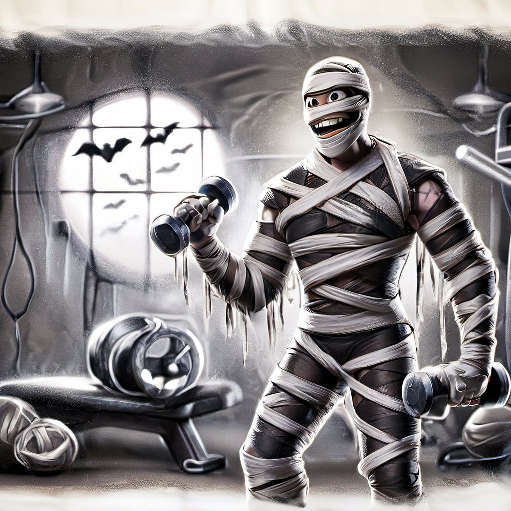 (masterpiece a mummy bandaged doing fitness in a gym: 1.9)), mummy outfit: 1.2), (bandages: 1.5)), (best quality, ultra detailed, realistic photo: 1.37), [[Halloween Atmosphere: 1.9)), (Gym's background:1.5)]] masterpiece, high quality, cartoon,  high definition, super detailed, (Natural Light,, High contrast, defined blacks, silk, HDR.