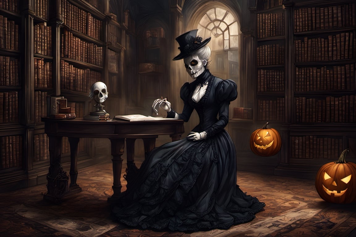 (masterpiece a Ghoul studying a crystall ball: 1.9)), necrophagous outfit: 1.2), (bandages: 1.5)), (best quality, ultra detailed, digital art: 1.37), [[Halloween Atmosphere: 1.9)), (Victorian Library background:1.5)]] masterpiece, high quality, cartoon,  high definition, super detailed, (Natural Light,, High contrast, defined blacks, silk, HDR