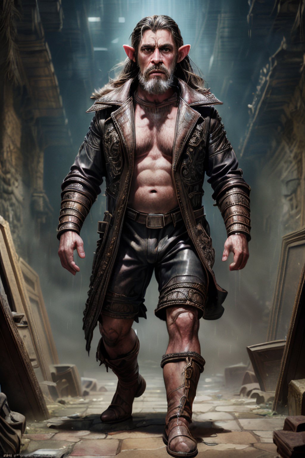 (professional 3d render:1.3) af (Realistic:1.3) most beautiful artwork photo in the world,Features soft and shiny male heroes, ((Epic hero fantasy muscle man rough wet hero angry look long hair short beard and ferocious expression in dynamic pose, Fantastic location, Majestic cluttered environment)), full body 8k unity render, action  shot, skin pore, very dark lighting, heavyshading, Detailed, Detailed face, (vibrant, photograph realistic, Realistic, Dramatic, Dark, Sharp focus, 8K), (Old leather garments damaged by weathering:1.4), ((((Wear fur)))), (Intricate:1.4), decadent, (Highly detailed:1.4), Digital painting, rendering by octane, art  stations, concept-art, smooth, Sharp focus, illustration, Art germ, (loish:0.23), wlop ilya kuvshinov, and greg rutkowski and alphonse mucha gracias, (Global illumination, Studio light, volumettic light), heavy rain, particles floating, lotr, fantasy, elf, full bodyesbian, ((Dark and ancient city background:1.3)),CGSesociety,art  stations