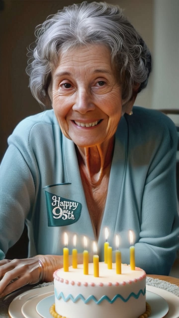 95 year old old woman celebrating her 95th birthday, with the text "Happy 95"