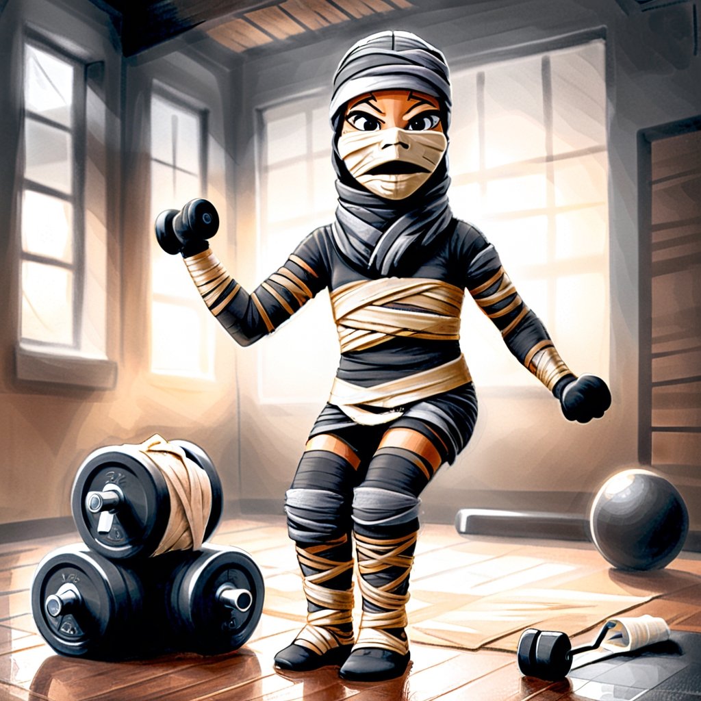 (masterpiece cartoon a (charcoal drawing of a mummy bandaged doing fitness in a gym: 1.9)), mummy outfit: 1.2), (bandages: 1.5)), (best quality, ultra detailed, digital art: 1.37), [[Halloween Atmosphere: 1.9)), (Gym's background:1.5)]] masterpiece, high quality, cartoon,  high definition, super detailed, (Natural Light,, High contrast, defined blacks, silk, HDR.