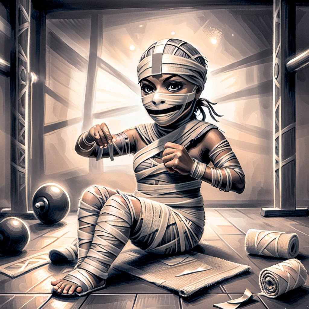 (masterpiece cartoon a (charcoal drawing of a mummy bandaged doing fitness in a gym: 1.9)), mummy outfit: 1.2), (bandages: 1.5)), (best quality, ultra detailed, digital art: 1.37), [[Halloween Atmosphere: 1.9)), (Gym's background:1.5)]] masterpiece, high quality, cartoon,  high definition, super detailed, (Natural Light,, High contrast, defined blacks, silk, HDR.