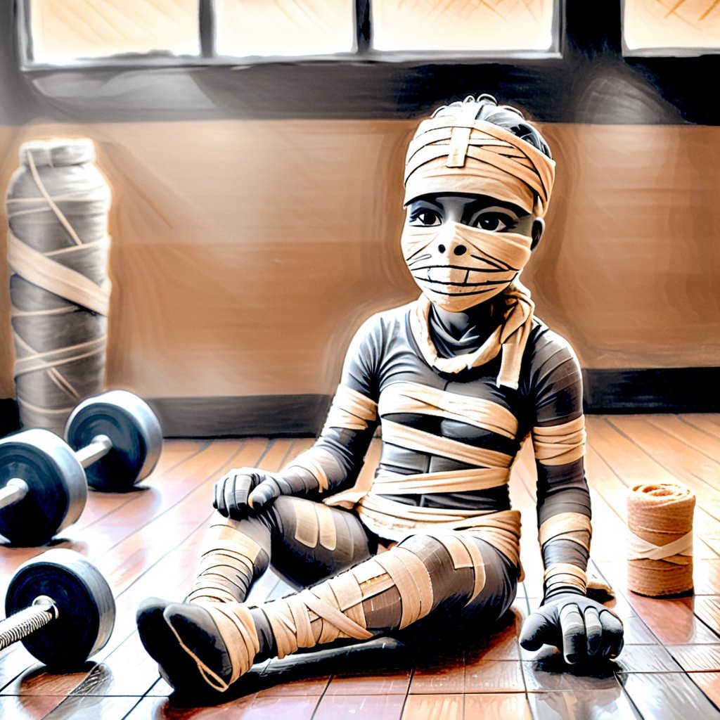 (masterpiece cartoon a (charcoal drawing of a mummy bandaged doing fitness in a gym: 1.9)), mummy outfit: 1.2), (bandages: 1.5)), (best quality, ultra detailed, digital art: 1.37), [[Halloween Atmosphere: 1.9)), (Gym's background:1.5)]] masterpiece, high quality, cartoon,  high definition, super detailed, (Natural Light,, High contrast, defined blacks, silk, HDR.