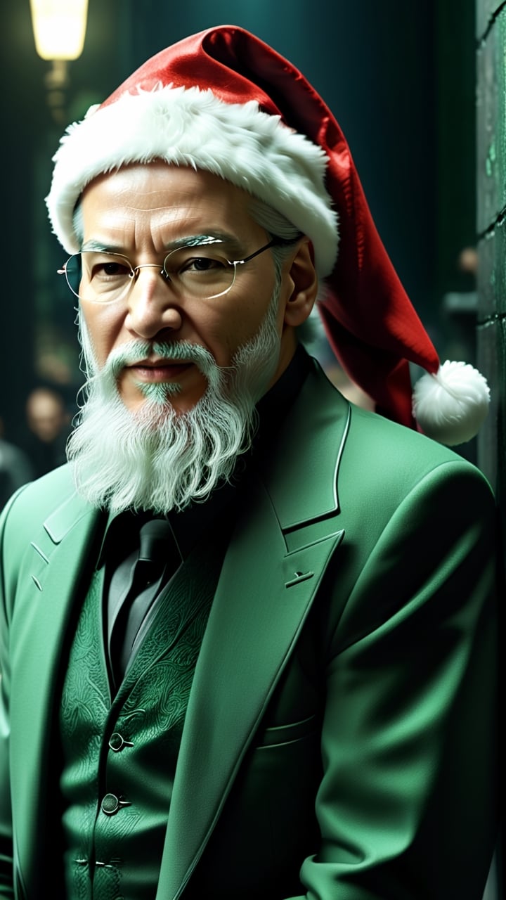 Generate an intensely detailed and visually nostalgic hyper-realistic image that represents the artistic style of the movie "Matrix", with 80 year old Santa Claus as the main subject, in 90s outfit. Focus on the intricate details of the "Matrix" movie, showing Santa flying as neo. Use a cinematic and atmospheric photographic style to evoke a sense of danger. It pays meticulous attention to the elements of the environment, scenography of the movie "Matrix". He uses dynamic lighting and shadows to accentuate the atmosphere of the film. The goal is to create a highly detailed, fantasy-like rendering that delves into the more colorful aspects of the film. highly detailed, sharp focus.8k, photographic style, close-up