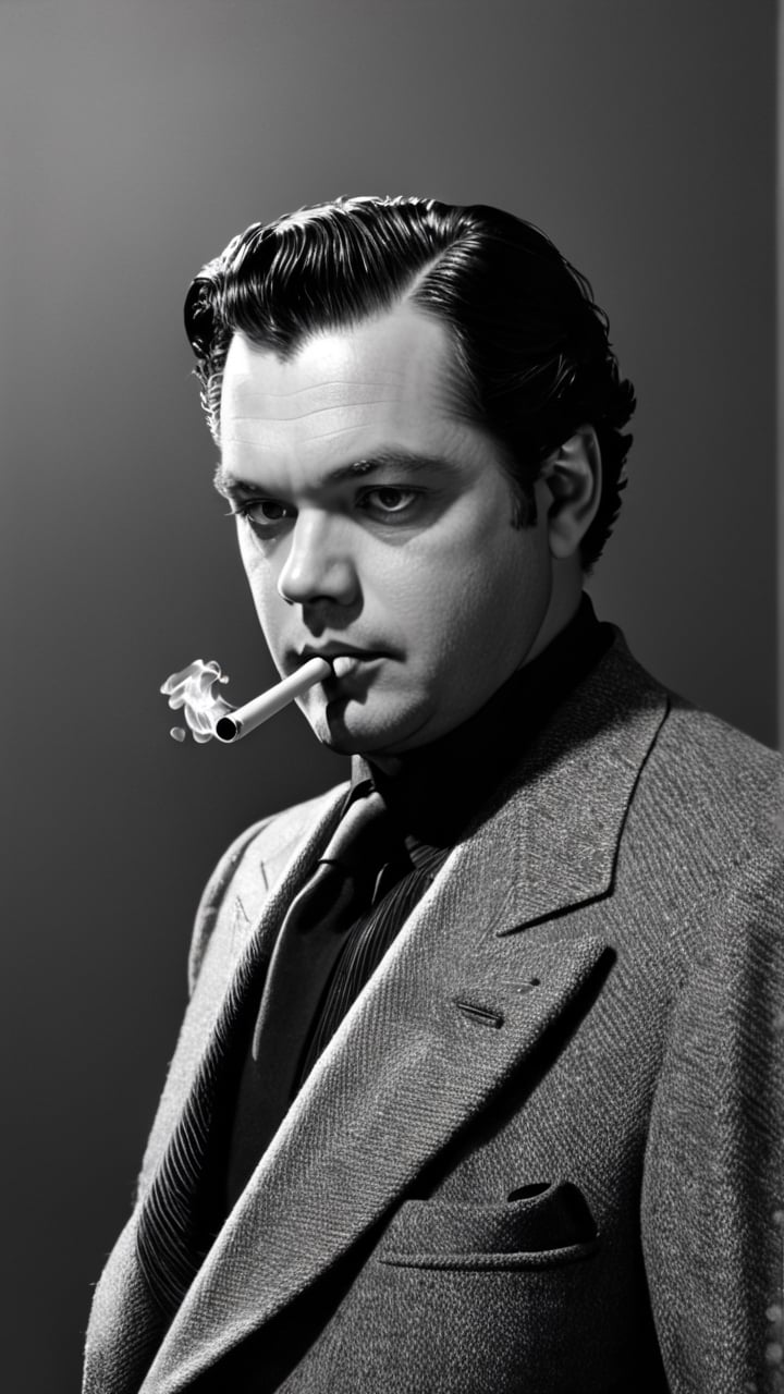 (masterpiece: 1.2),(best quality, ultra detailed, photorealistic: 1.37) high quality, high definition, super detailed, Natural Light, Hyperrealist Photography, High contrast, defined blacks, HDR, volume, (black and white photo: 2) portrait, (black hair: 1.7), (Orson Welles: 1.9), (((30-year-old man: 2), ((pipe: 2) smoking: 1.9), (round face: 2), (clothes: gray suit, striped shirt, black tie, white handkerchief in pocket: 1.9), (studio light: 1.9)


Man with face of Franz Kafka, 40 years old.
