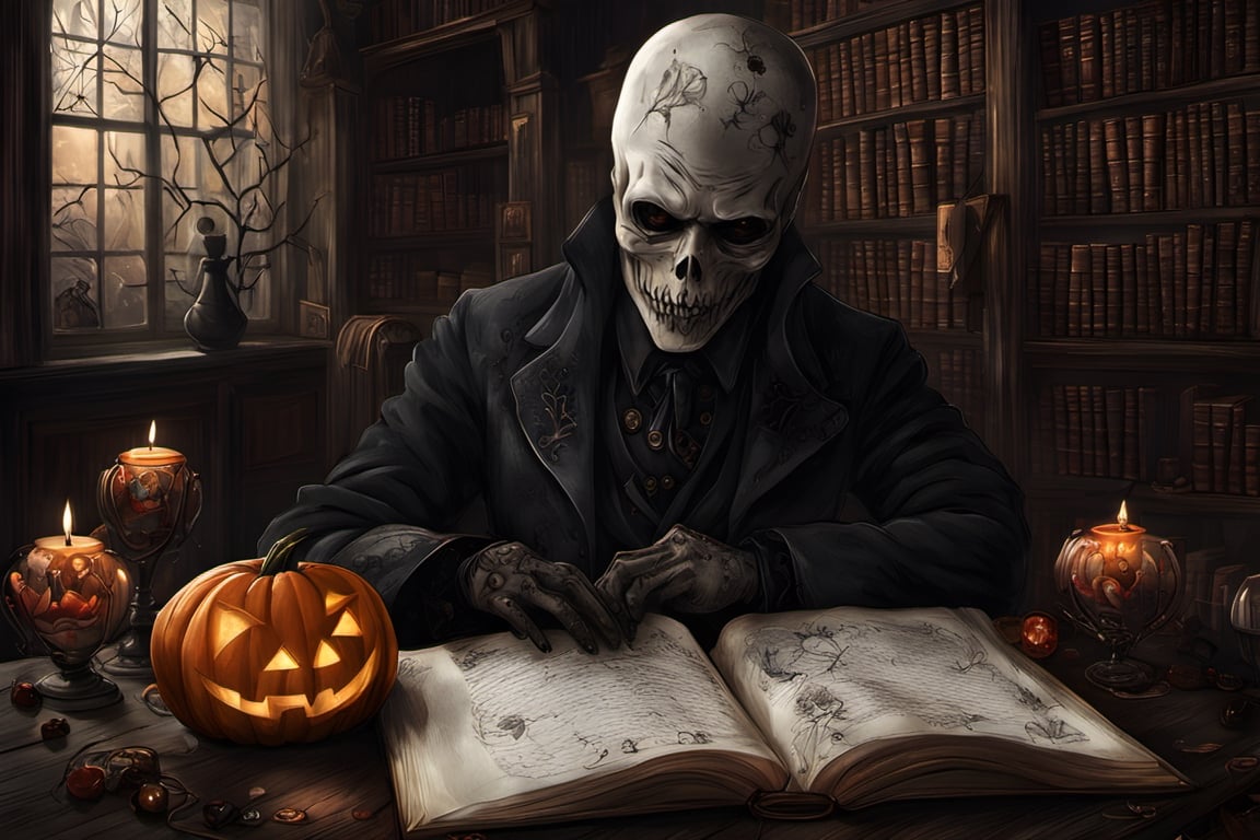 (masterpiece a Ghoul studying a crystall ball: 1.9)), necrophagous outfit: 1.2), (bandages: 1.5)), (best quality, ultra detailed, digital art: 1.37), [[Halloween Atmosphere: 1.9)), (Victorian Library background:1.5)]] masterpiece, high quality, cartoon,  high definition, super detailed, (Natural Light,, High contrast, defined blacks, silk, HDR