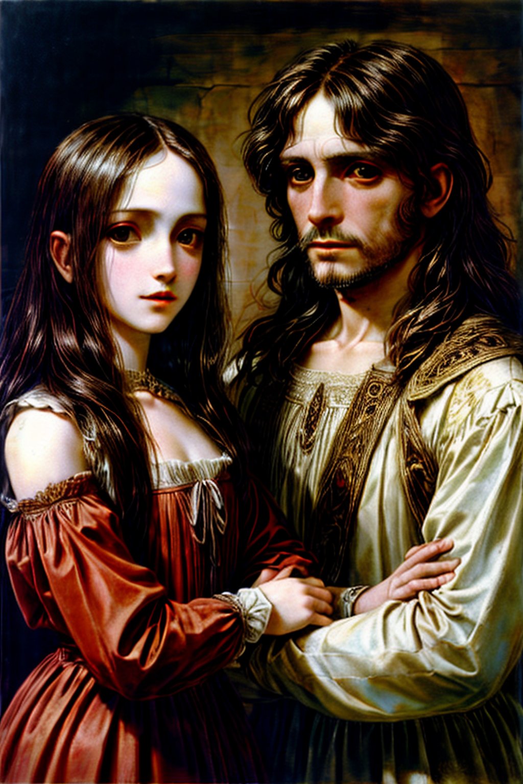 Masterpiece, high quality, detailed painting by Leonardo da Vinci, (((man: 1.9))) and woman together, infinite beauty.