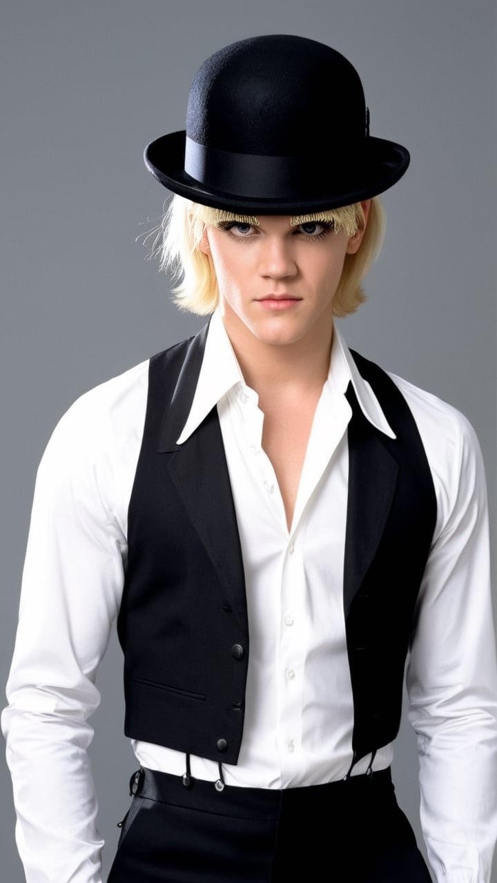 (masterpiece: 1.2),(best quality, ultra detailed, photorealistic: 1.37) high quality, high definition, super detailed, Natural Light, Hyperrealist Photography, High contrast, defined blacks, HDR, volume, movie style "A Clockwork Orange", Alex, 15 year old male, straight blond hair, (((false eyelashes right eye: 1.9))), ((bob cut: 1.8)), (((black bowler hat:2))), black cane with round, golden grip, white pants with suspenders, white shirt, (((Malcolm McDowell's face at 15 years old: 1. 9)))), white suit, one eye made up, anti-hero, is addicted to two things: (((violence and classical music: 1.7))), (((bold and sadistic: 1.6))), roams the city with his violent gang.