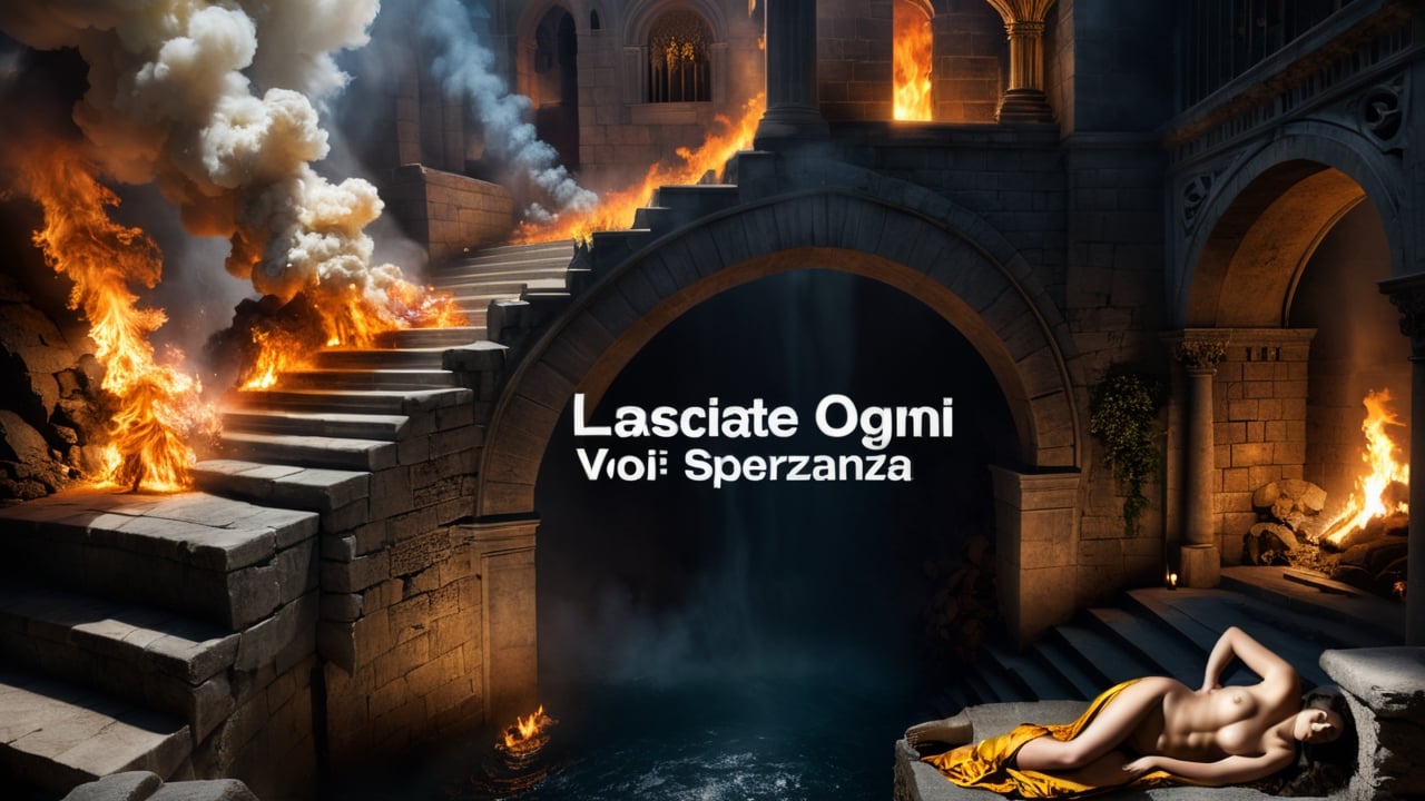 (masterpiece: 1.2),(best quality, ultra detailed, photorealistic: 1.37) high quality, high definition, super detailed, Natural Light, Hyperrealist Photography, High contrast, defined blacks, HDR, volume, (((with the text "Lasciate ogni speranza, voi ch'entrate": 1.9)), Entrance of the Inferno from Dante Alighieri's Divine Comedy,  guarded by she-wolf., a Tiger, a lion , (((with the text "Lasciate ogni speranza, voi ch'entrate": 1.9)),(((with the text "Lasciate ogni speranza, voi ch'entrate": 1.9)),