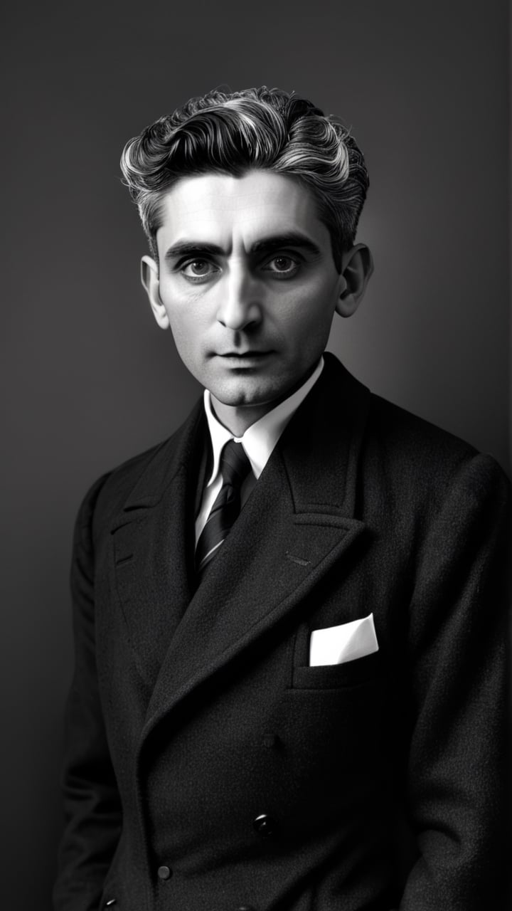 (masterpiece: 1.2),(best quality, ultra detailed, photorealistic: 1.37) high quality, high definition, super detailed, Natural Light, Hyperrealist Photography, High contrast, defined blacks, HDR, volume, (black and white photo: 2) portrait, (gray hair: 1.7), (Franz Kafka: 1.9), (((40 year old man: 2), (writer: 1.9), (big eyes: 2), (clothing: black suit, white shirt, striped tie: 1.9), (studio light: 1.9)
,jorg karg