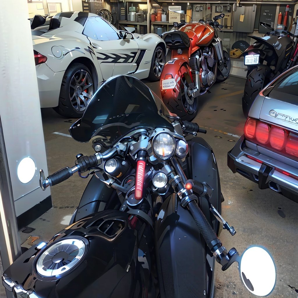 otorcycles are parked in a garage with other cars in the background, transparent black windshield, motorcycles, wideshot, forward facing angle, front side full, front shot, triumph, pov shot, in detail, super wide shot, center angle, chrome and carbon, super wide, detailed wide shot, very wide shot, profile shot, 3 / 4 view from back