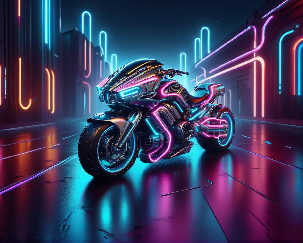 Wide angel view of a person riding a motorcycle on a city street, sitting on cyberpunk motorbike, riding a futuristic motorcycle, cyber neon lights, cyber neon lighting, cyberpunk futuristic neon, cyber neon lightings, cyberpunk with neon lighting, neon cyberpunk, futuristic motorcycle, cyberpunk neon, futuristic neon, neon cyberpunk style, cyberpunk neon lights, neon cyberpunk vibrant colors, daniel maidman octane rendering, futuristic vehicles, concept design art octane render, anime art vehicle concept art, cyberpunk futuristic neon, cycles 3 d render, futuristic vehicle,nlgtstyle,chrometech,surface imperfections