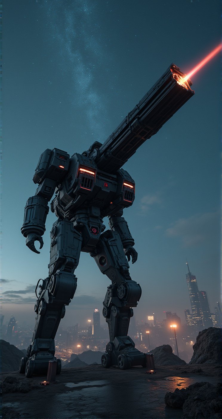 (Giant Weapon), A giant laser cannon in the high-tech era, located on the edge of a future city. This laser cannon is made of black metal, covered with complex circuits and control panels, and its muzzle points towards the distant starry sky. The lights of the city and the stars in the night sky complement each other, creating a futuristic atmosphere full of technology. Beautiful cinematic lighting, surreal, RAW photo, color graded, dynamic movement, captivating chiaroscuro, (special effects:0.1), full body, award-winning, cinematic still, emotional, vignette, dynamic, vivid, (masterpiece, best quality, photorealistic, Professional, perfect composition, very aesthetic, absurdres, ultra-detailed, intricate details:1.3)