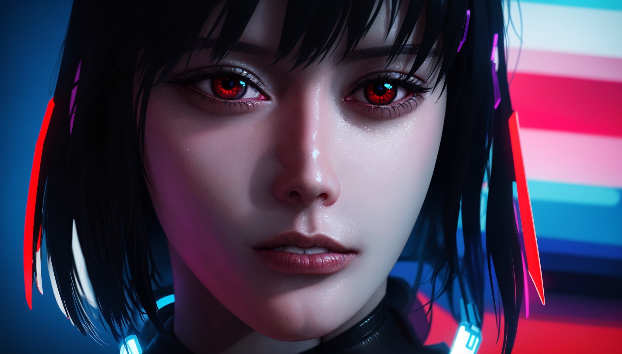 a close up of a woman with red eyes and a black hair, beautiful cyberpunk girl face, the cyberpunk girl portrait, cyberpunk art ultrarealistic 8k, female cyberpunk anime girl, cyberpunk beautiful girl, hyper-realistic cyberpunk style, beautiful cyberpunk woman model, cyberpunk anime girl, cyberpunk 2 0 y. o model girl, beauty blade runner woman, cyberpunk