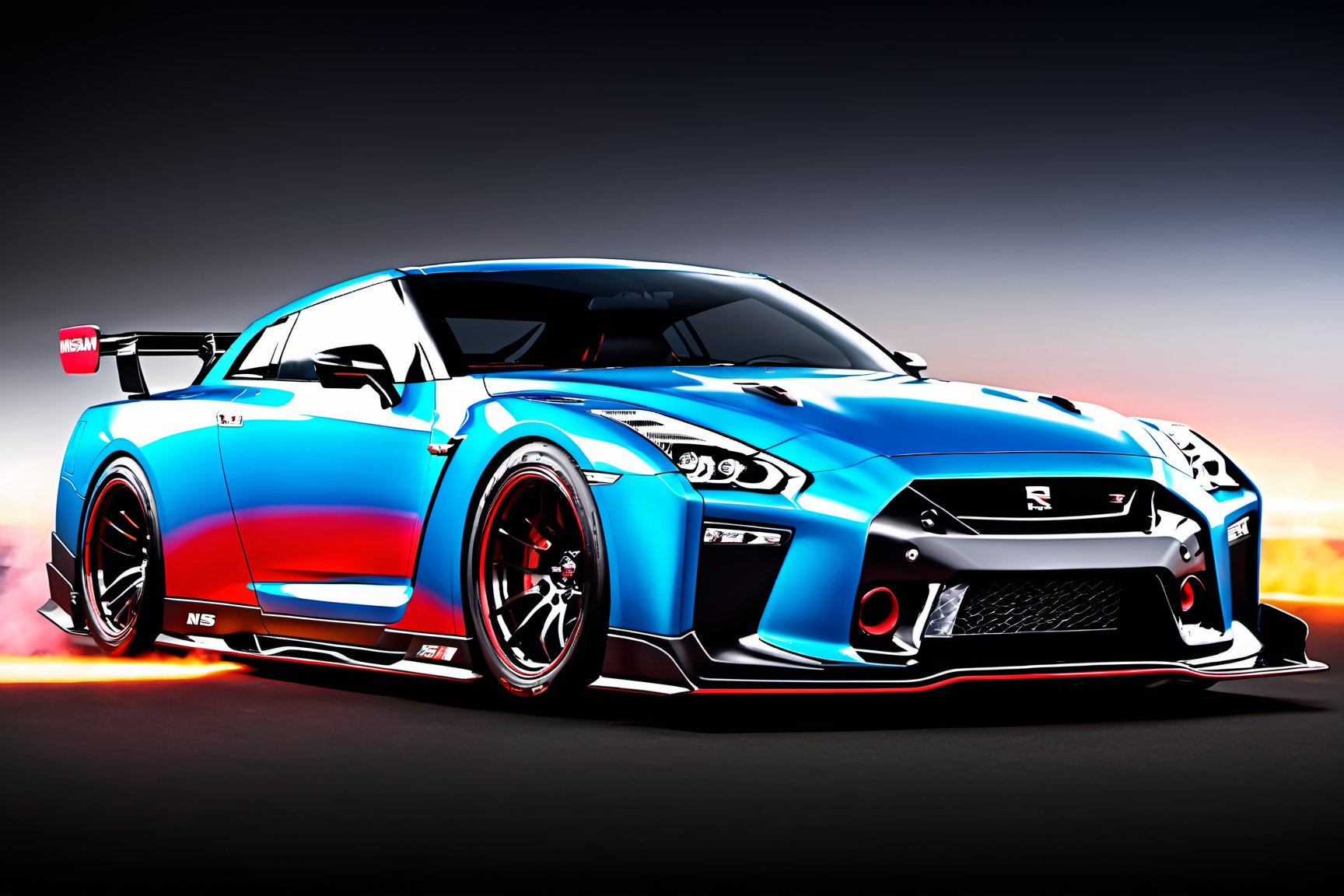 (((A photo realistic image of a Nissan GT-R Nismo 2023))), ((wide shot)) , sharp, detailed car body , detailed tires, (masterpiece, best quality, ultra-detailed, 8K), race car, street racing-inspired, Drifting inspired, LED, ((Twin headlights)), (((Bright neon color racing stripes))), (Black racing wheels), Wheel spin showing motion, Show car in motion, Burnout,  wide body kit, modified car,  racing livery, masterpiece, best quality, realistic, ultra high res, (((depth of field))), (full dual color neon lights:1.2), (hard dual color lighting:1.4), (detailed background), (masterpiece:1.2), (ultra detailed), (best quality), intricate, comprehensive cinematic, magical photography, (gradients), glossy, Fast action style, Sideways drifting in to a turns, ,c_car,fire element