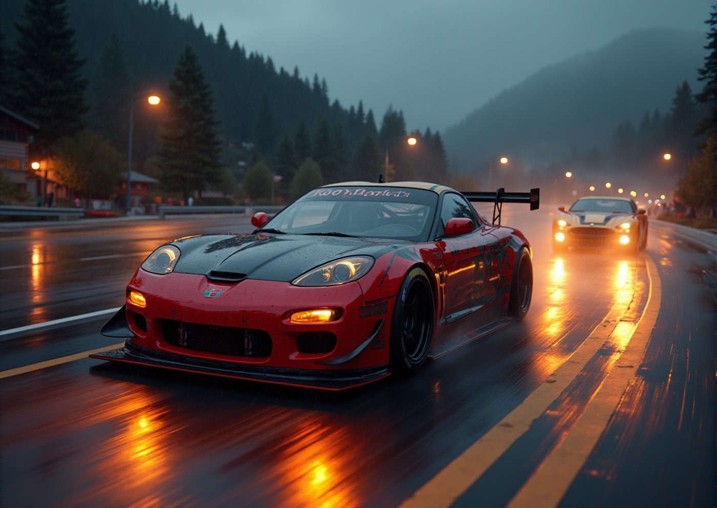 Race cars in a high speed street race (best quality,4k,8k,highres,masterpiece:1.2),ultra-detailed, ((a customized car)), ((street racer)), ((a beautiful paintjob)), ((fully detailed)), illustration, vivid colors, 2024 custom RX 7 Drifting, going fast, night, bright yellow headlights, setting USA Oregon's Mountain roads, No text on signs, Late night time, Set in a rain storm with lightning,1 car, Nature, model shoot style, Fast action style, Sideways drifting in to a turn, Red and black cars, GTR, NSX, A Porsche 911 992 GT3 cup car,on the top of the picture is 3D the fire text that reads "Oregon Drifters"