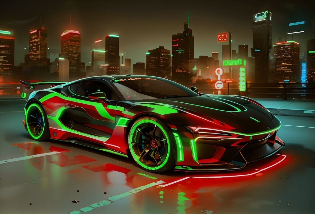 A sleek, neon-lit cyberpunk car races through a dark, rain-soaked cityscape, its glowing wheels leaving trails of light behind it. The car's body is adorned with glowing neon lights and sharp, angular lines, giving it a menacing and futuristic appearance.