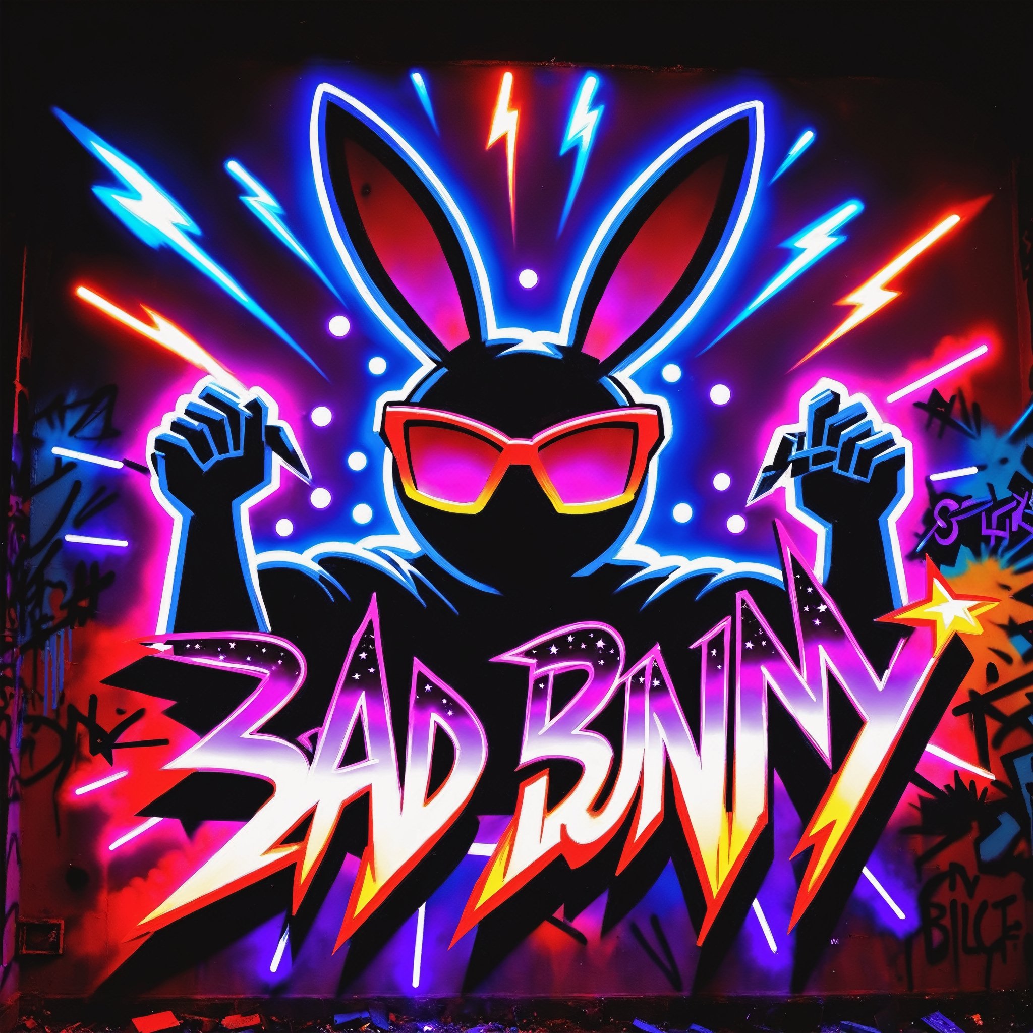 Text that reads "Bad Bunny" in neon red, black, metallic, purple, blue, Pink, neon, sparkles, Neon colored smoke, planet, graffiti background,
,composed of elements of street art Fire Lightning Electricity Space stars and neon lights atomic explosions black holes space warp, atomic explosions, Cyberpunk,DonMH010D15pl4yXL ,abyssaltech ,faize,DonM3l3m3nt4lXL