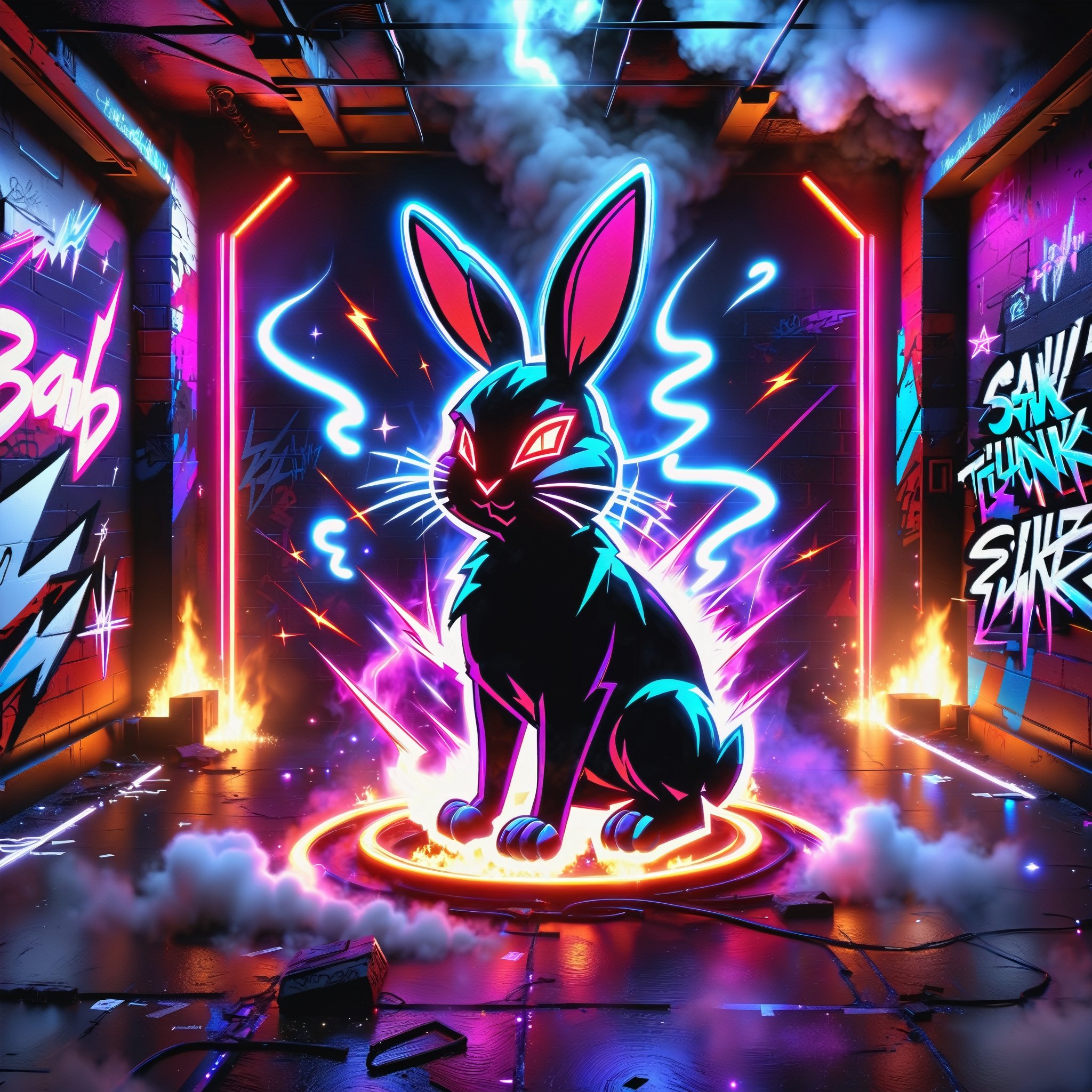 "Bad Bunny" in neon red, black, metallic, purple, blue, Pink, neon, sparkles, Neon colored smoke, planet, graffiti background,
,composed of elements of Fire thunder Lightning Electricity Space stars and neon lights, Cyberpunk,DonMH010D15pl4yXL 