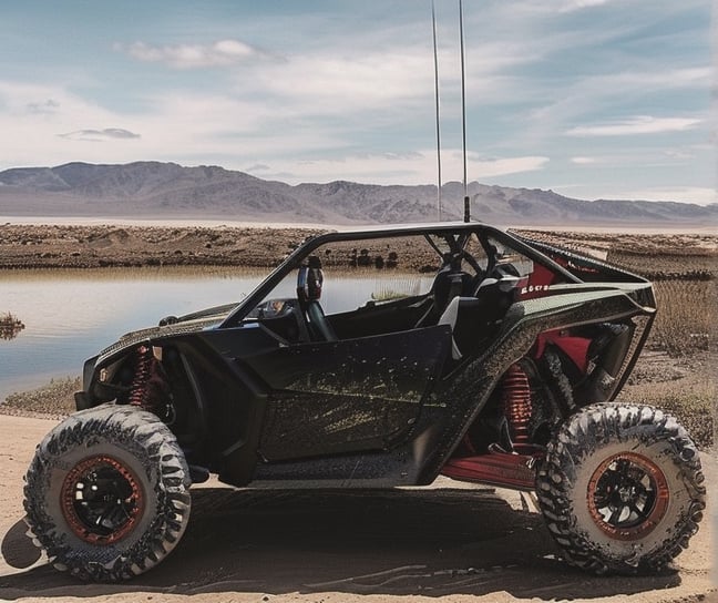 vehicle parked on a dirt road near a body of water, tesla dune buggy, off-roading, off - road, profile shot, buggy, shot from the side, full view of a car, portrait shot, front shot, smooth in _ the background, wide portrait, octane highly render, octane 2. 0 render, 